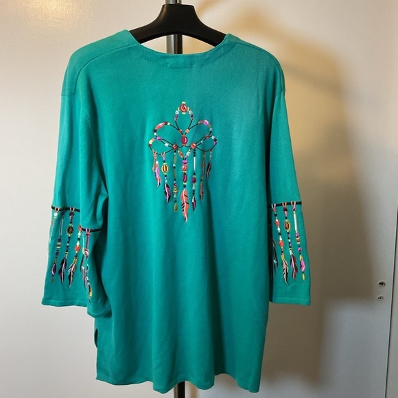 Bob Mackie Teal Embroidered Button Up Cardigan Dreamcatcher 2X - Picture 7 of 7